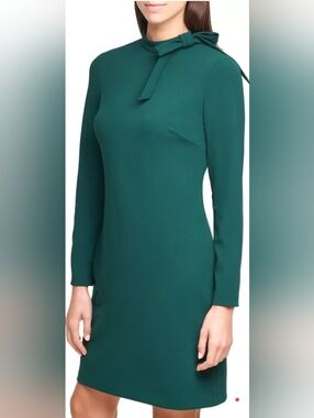 NWT Calvin Klein Long-Sleeve Teal Bow-Neck Dress